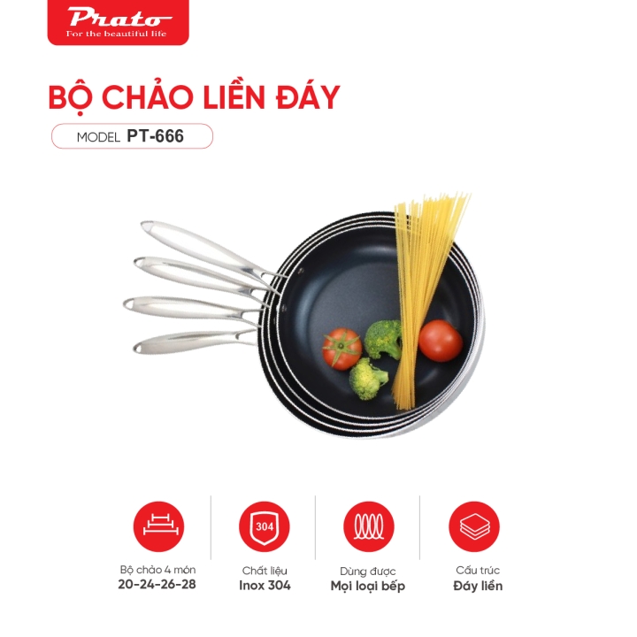 Bộ chảo liền đáy Prato PT-666 size 20/24/26/28