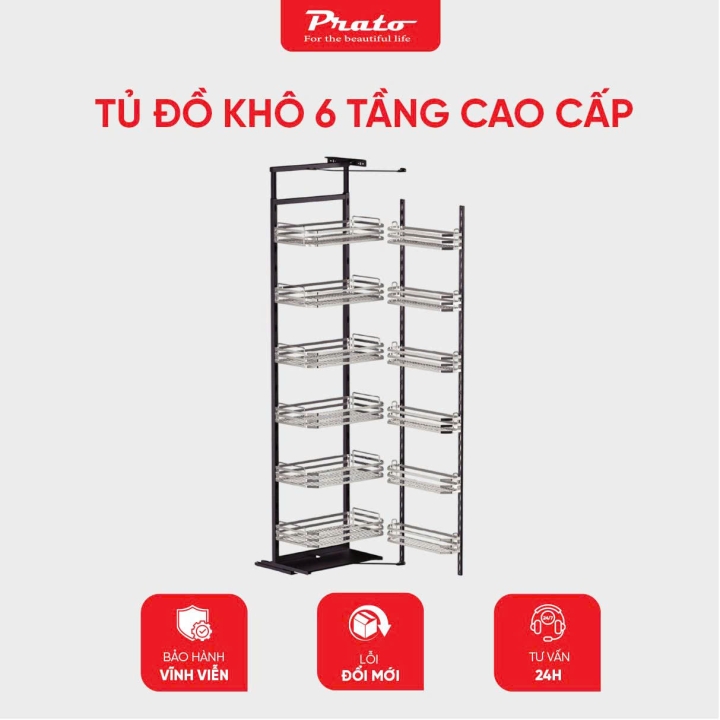 Tủ Đồ Khô Nhà Bếp 12 Ngăn 6 Tầng NAN DẸT CELAENO CAO CẤP, INOX 304, Hệ Ray Giảm Chấn Prato PT-DK